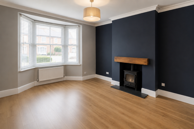 Living room with fireplace after